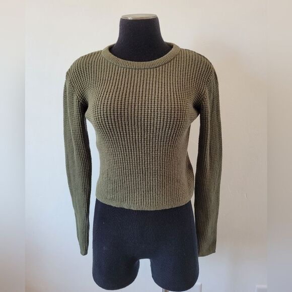 Poof Waffle Knit Pullover Shirt Thick Knit Olive Army Green Cropped Soft Girl M - Picture 2 of 9
